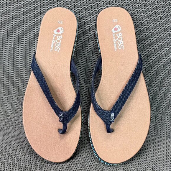 BOBS By Skechers Womens size 10 Navy Blue Wedge Flip-Flops Patterned Edge Soles - Picture 1 of 7